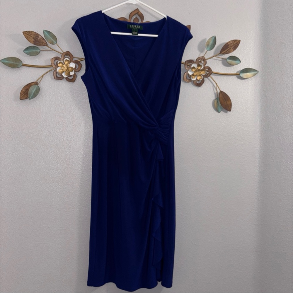 Lauren Ralph Lauren Womens  Blue Slinky Stretch Surplice Ruffle Dress Size 8